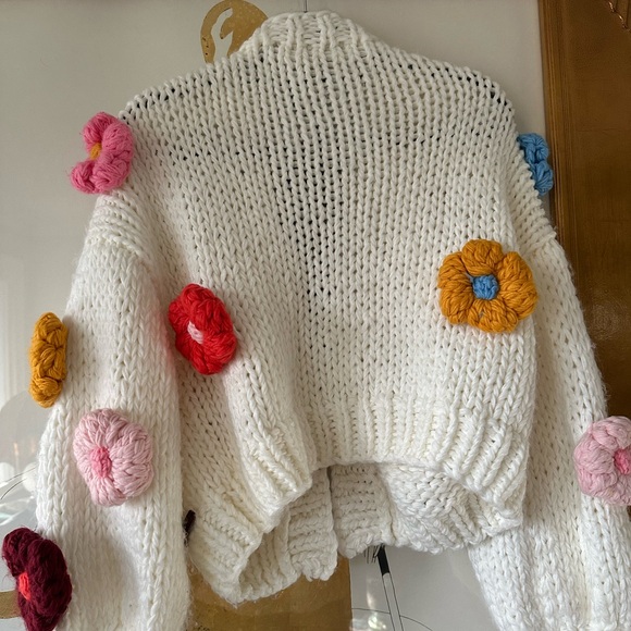 Cream Chunky Knit Sweater with Colorful Flowers - Picture 7 of 7